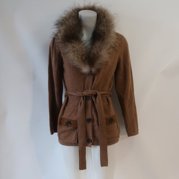 Womens Minnie Rose Brown Merino Wool Blend Racoon Fur Collar Cardigan Sweater M - Picture 6 of 13